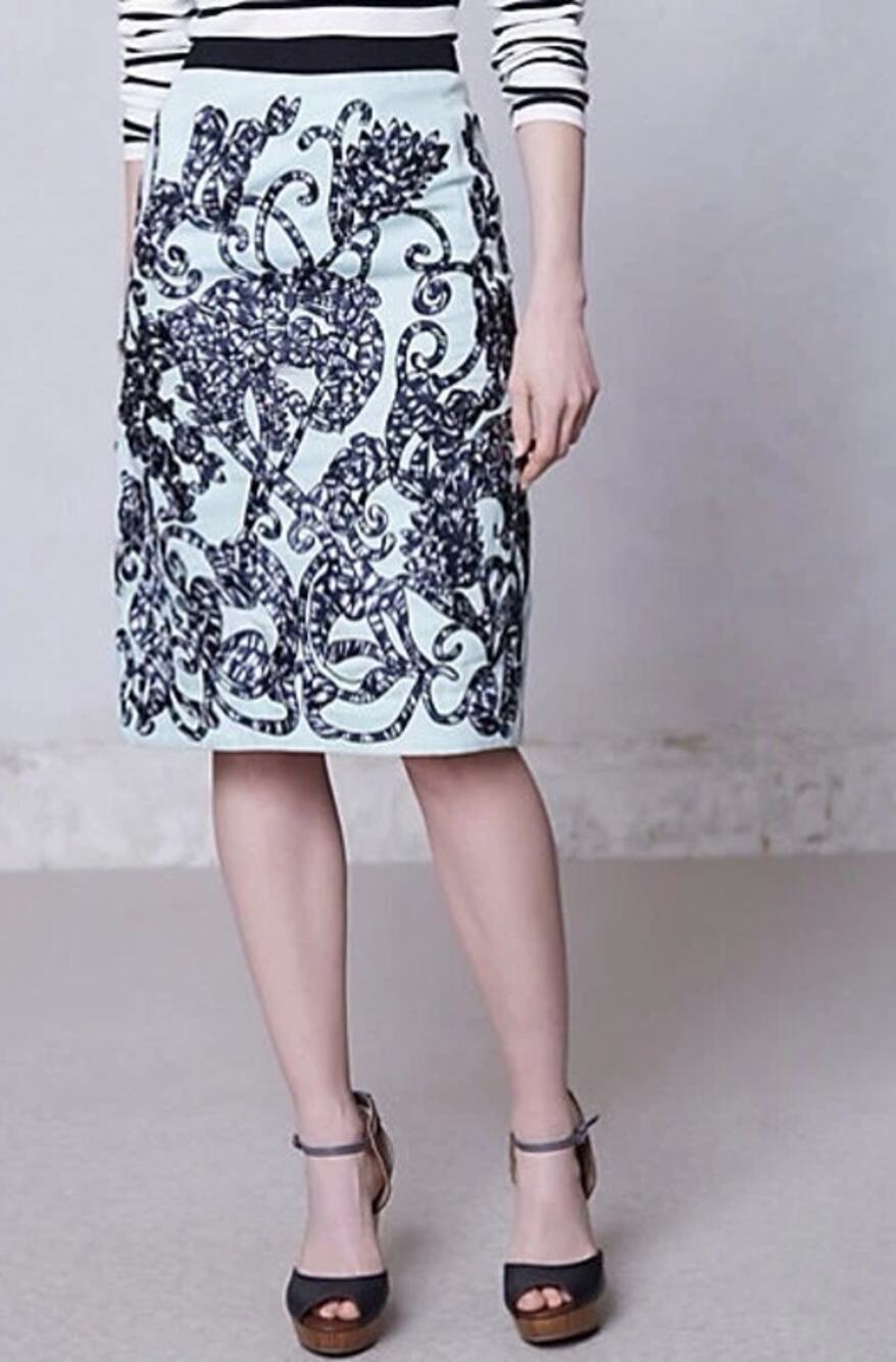 Anthropologie Moulinette Soeurs Fable Embroidered Pencil Skirt Mint Womens Sz 4